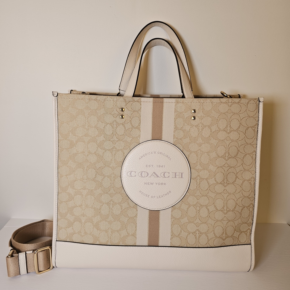 Coach Dempsey 40 Cream and Tan Signature Jacquard & Leather Women's Tote Bag